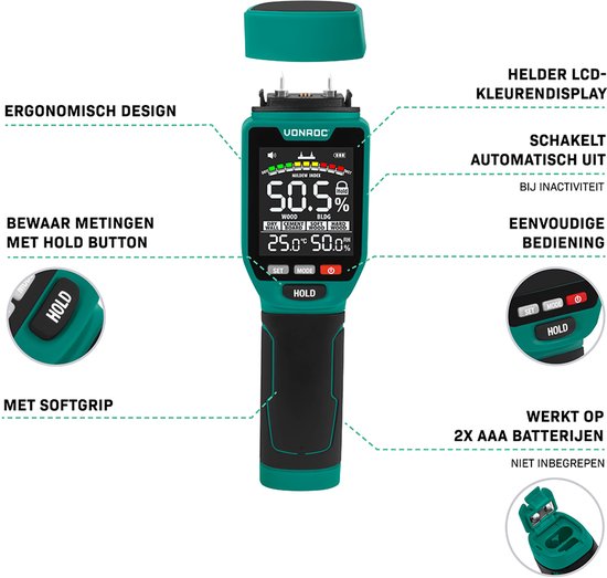 VONROC PRO Vochtmeter – Dubbele meetfunctie: invasief (met pinnen) en non-invasief (met sensor) – geschikt voor hout en bouwmaterialen - multicolor LCD scherm