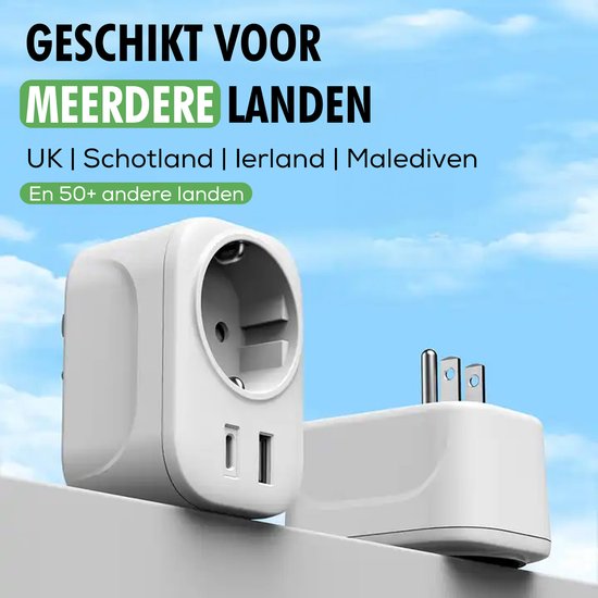 Travelhawk Reisstekker Engeland/UK - Wereldstekker - Wereldstekkers - Reisstekker Type G - USB-C & USB-A - Wit