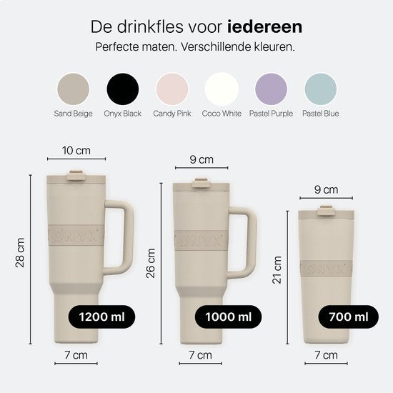 ONYX Drinkfles met Rietje 1 Liter - Waterfles voor Kinderen & Volwassenen - Thermosbeker RVS Travel Mug - Motiverende Drinkbus - Drinkbeker voor School - Sand Beige