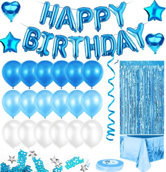 Feestio Ballonnen Verjaardag Versiering met Tafelkleed en Slingers - Helium - Blauw