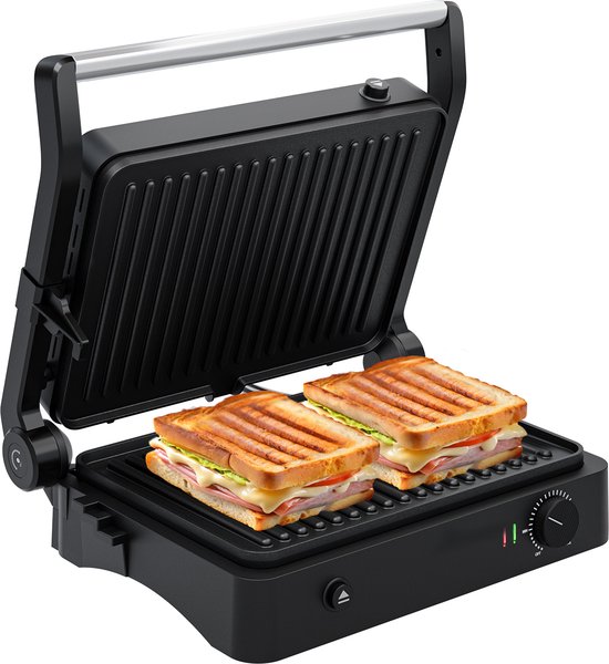KitchenBrothers Contactgrill - Grill Apparaat - Uitneembare Grillplaten - Panini Grill - 3 hoogtestanden - Tosti ijzer - 2000W - RVS