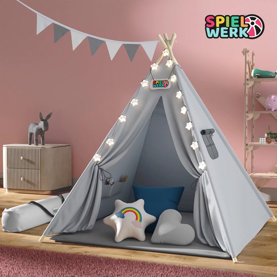 Spielwerk Speeltent – LED 3 Kussens Spanschroef 130x130x160cm - Grijs