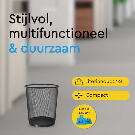 BRASQ 2x Papierbak Rond - Zwart - 12 Liter - Prullenbak - Vuilnisvak - Afvalbak - Papiermand - Metaal - Set van 2