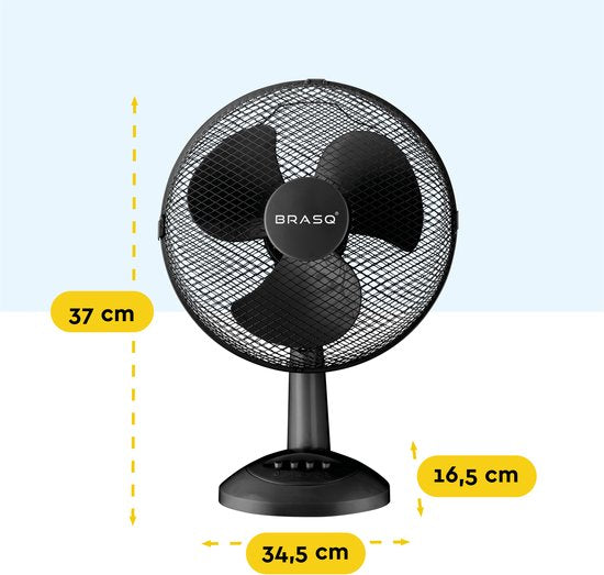 BRASQ Ventilator 30 cm – Krachtige Tafelventilator – 3 Standen – Zwart