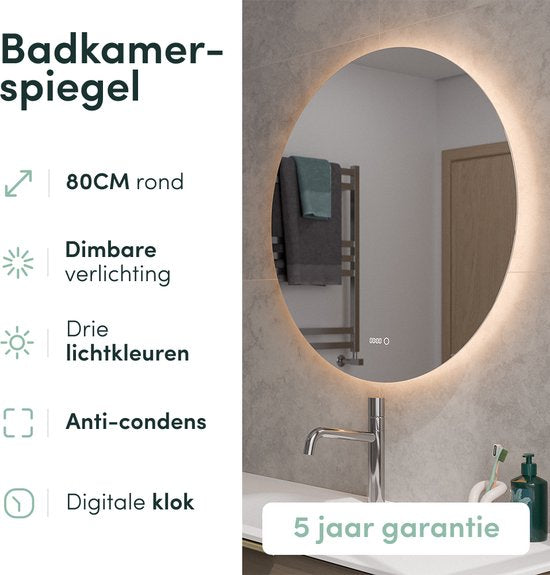 Nolt Badkamerspiegel met Verlichting - Ronde Badkamer Spiegel - Verwarming - Klok - LED - 80 cm