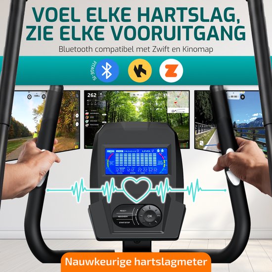 FITAGE Crosstrainer Geluidsarm - Crosstrainers met Bluetooth Kinomap & Zwift - Fitness Trainer met 24 trainingsprogramma’s - Nauwkeurige Hartslagmeter