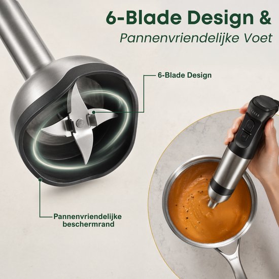 Savoré Kitchen Staafmixer Pro+ 1500W – Mixer Set met Hakmolen 600ml, Garde, Melkopschuimer en Maatbeker – 5 Snelheden – 6 Messen – RVS