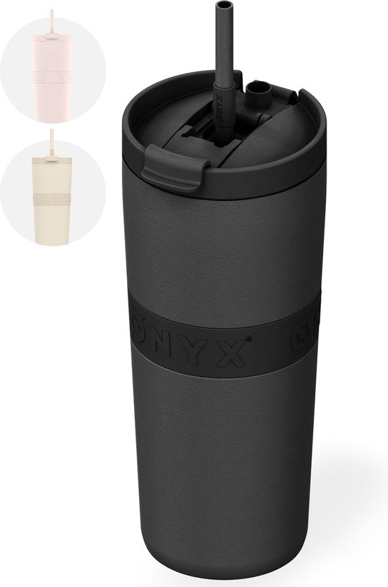 ONYX Drinkfles met Rietje 700ML - Waterfles voor Kinderen & Volwassenen - Thermosbeker RVS Travel Mug - Motiverende Drinkbus - Drinkbeker voor School - Zwart