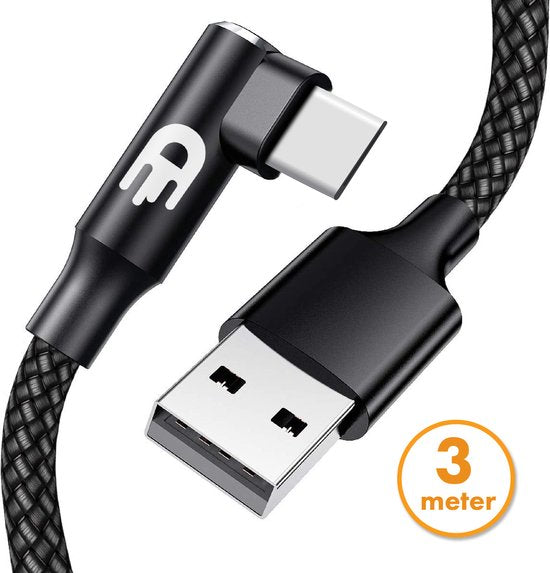 Drivv. USB naar USB C Kabel - Haaks - USB C Data en oplaadkabel - Fast Charge / Snellader - 3 Meter - Geschikt voor Samsung, iPhone 15 en Meer -Zwart