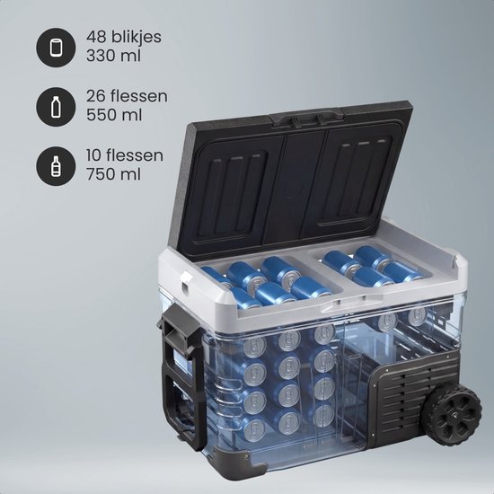 Auronic Elektrische Koelbox - Compressor - 2 Zones - 33L - 12/24V en 240V - Koelen en Vriezen - Camping Koelkast - Frigobox Auto - Met Wielen en Hendel - Zwart