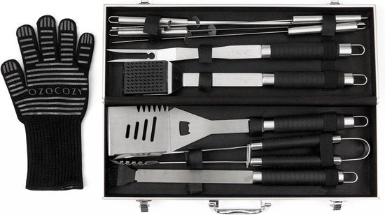 Ozocozy - BBQ accessoires - 10-delig - Barbecue gereedschap - BBQ handschoen - Aluminium koffer - Cadeau voor man