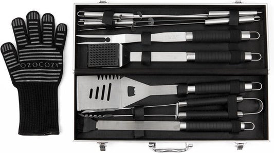 Ozocozy - BBQ accessoires - 10-delig - Barbecue gereedschap - BBQ handschoen - Aluminium koffer - Cadeau voor man