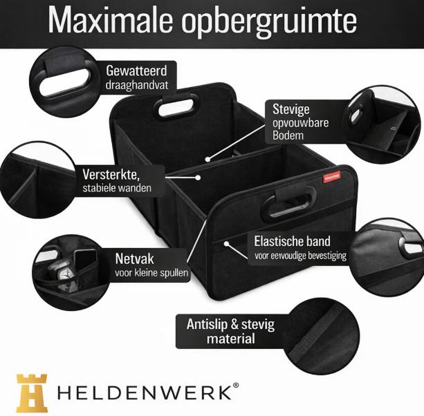 HELDENWERK kofferbaktas opvouwbaar en stabiel - kofferbakorganizer boodschappentas voor praktische opslag - autovouwdoos, kofferbakdoos (zwart)