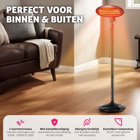 tectake® - Infraroodstraler - Luchtverhitter met stand- of wandmontage - Warmtelamp voor babyverschoontafel - Verwarmer badkamer - Infraroodstraler terras - Elektrische kachel - 2000W - 3 niveaus