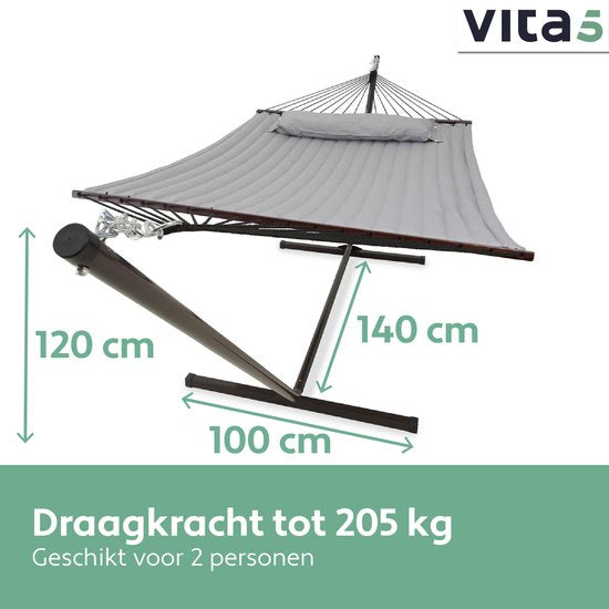 Vita5 Hangmat – 2-Persoons met Standaard – Draagvermogen 200 kg – 350 x 120 x 140 cm – Grijs