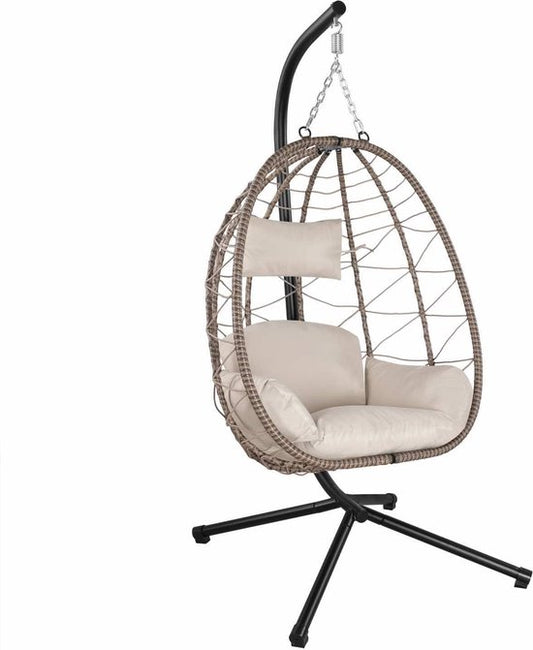 Juskys – Aria Hangstoel Met Standaard – 95 x 95 x 196 cm – Voorzien Van Comfortabele Kussens En In Hoogte Verstelbare Ketting – Voor Woonkamer En Terras – Beige Polyrattan En IJzer