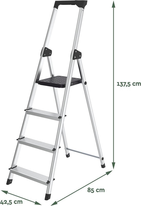 BRASQ Huishoudtrap 4 -treden Zilver - keukentrap inklapbaar aluminium voor Particulier en professioneel gebruik - Trap Ladder - Anti slip