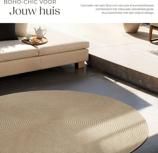 tectake® Gevlochten vloerkleed - Boho-stijl - Jute vloerkleed voor binnen en buiten - Duurzaam en onderhoudsvriendelijk - Vormvast en allergievriendelijk - Rond tapijt - Ø160 cm