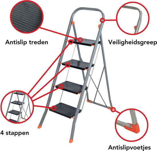 Toolland Stepix trapladder, 4 treden, inklapbaar, huishoudtrap met hoge beugel, antislipvoetjes en antislipprofiel op de twee treden, epoxycoating, metaal, draagvermogen tot 150 kg