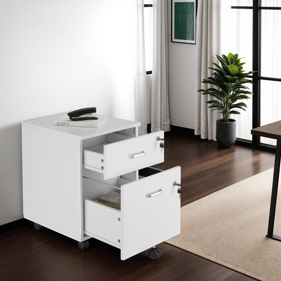 tectake® Ladenkastje - Met 2 afsluitbare lades, vergrendelbare wielen - Rolkast - Organizer - Perfect voor een georganiseerde werkplek - Kantoor, studeerkamer , thuiswerkplek - Wit