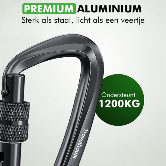 Travelhawk Karabijnhaak - Musketonhaak met Schroefsluiting - Karabijnhaak Sleutelhanger - Aluminium - Zwart
