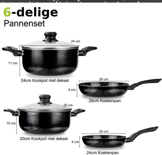 CeraFusion Keramische Pannenset 6-delig - Koekenpannen & Kookpotten 20, 24 cm - Koekenpan - Pannensets - Inductie Pannen - Pan - PFAS Vrij