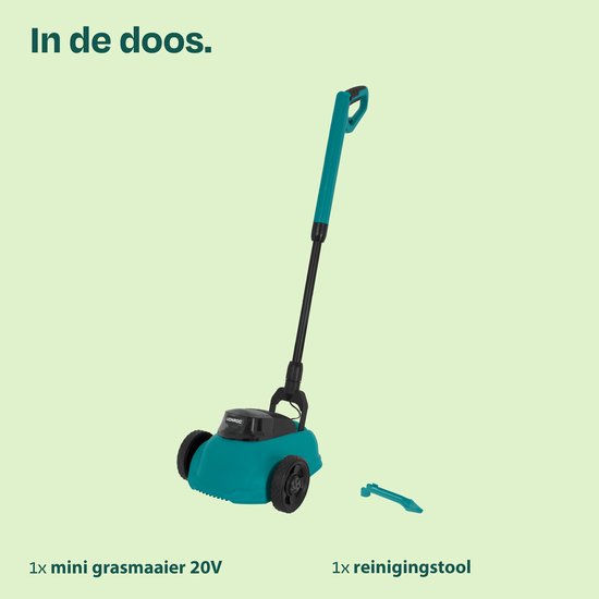 VONROC Mini Elektrische Grasmaaier 20V – 22 cm – Maaien en mulchen in één - Drie instelbare maaihoogtes: 30mm, 40mm, 50mm –- Incl. reinigingstool - Zonder accu en lader