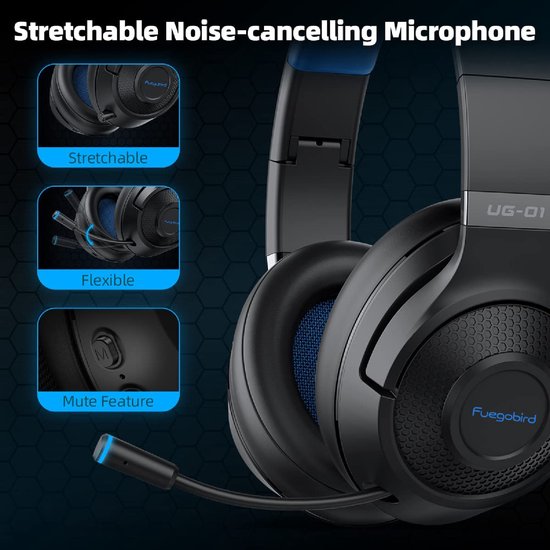 Fuegobird UG-01 2.4GHz Draadloze Gaming Headset - Bluetooth koptelefoon - Multiplatform - Geschikt voor PS4/PS5, Nintendo Switch - Zwart Blauw