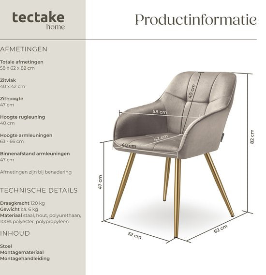 tectake® Fluwelen Stoel – Eetkamerstoel Met Gewatteerde Fluwelen Stof, Moderne Keukenstoelen, Comfortabele Fauteuil Voor Woonkamer, Eetkamer, Lounge – taupe / goud