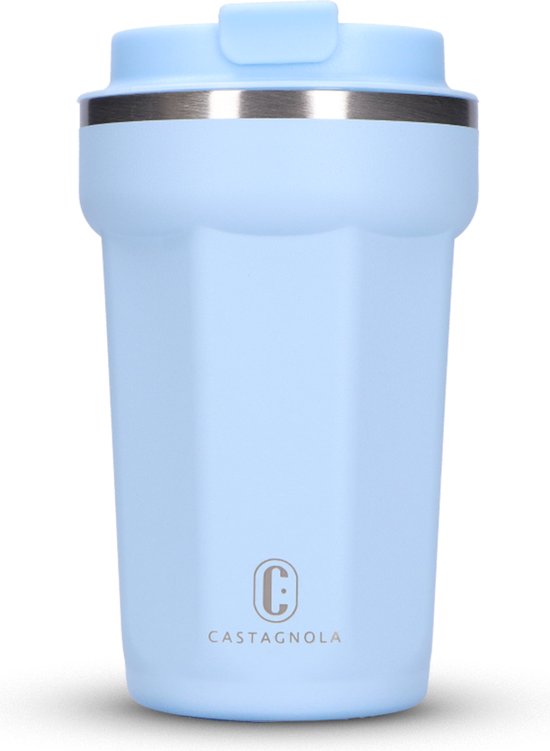 Castagnola Thermosbeker - Koffiebeker To Go - Travel Mug voor Koffie en Thee - Theebeker - 380 ML - RVS - Lichtblauw - Octagon