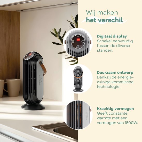 Zenwave Elektrische Kachel met Display - Compacte 1500W Ventilatorkachel - Heater met 2 Warmtestanden en 1 Ventilatorstand - Verwarming Electrisch voor Binnen en Buiten - Zwart