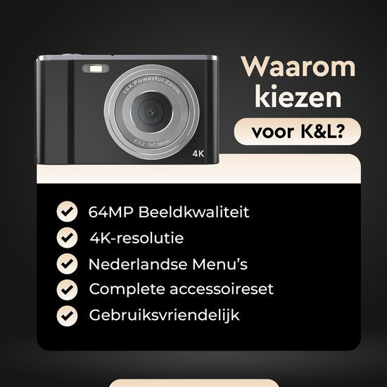 K&L Digitale Camera 4K - 64MP - Fototoestel - Compact Camera - Vlog Camera - Voor Kinderen - Inclusief 64GB - NL Software