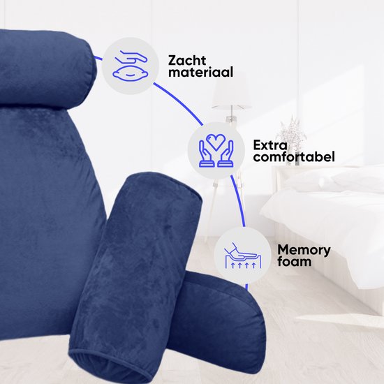 Q-Living XXL Leeskussen met Extra Nekrol - Relax Kussen - Zitkussen - Onderrug Ondersteuning - Leeskussen Voor In Bed - Blauw