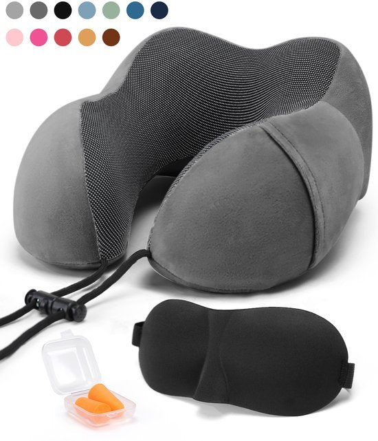 SC Travel Essentials - Nekkussen Set 3-delig - Ergonomisch Memory Foam Reiskussen met Oogmasker en Oordoppen - Ideaal voor Vliegtuig, Auto en Trein - Compact en Luxe - Apricot