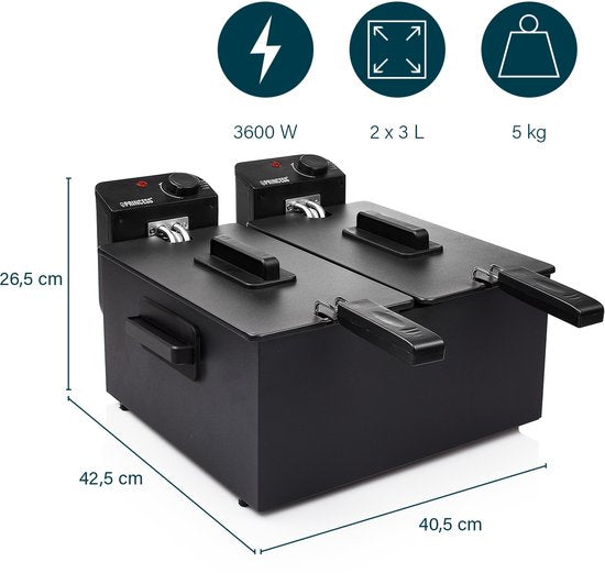 Princess Dubbele Frituurpan 183028 – Inhoud 2 x 3 liter - Koude Zone – 3600W - 2x regelbare thermostaat - Zwart
