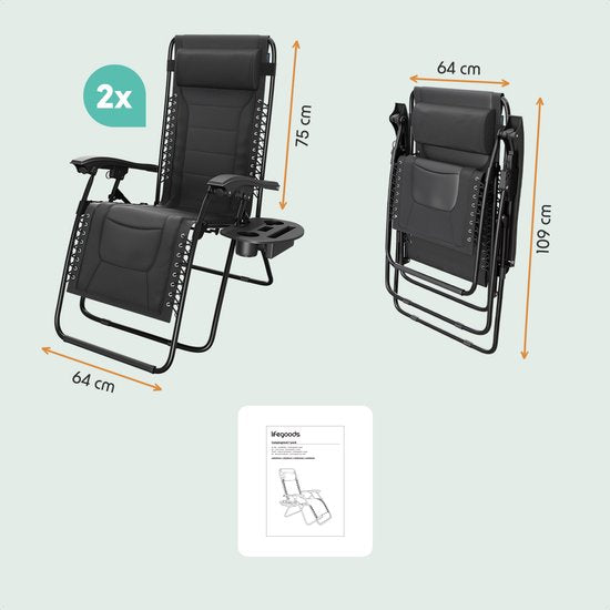 LifeGoods Ligstoelen Comfort - Opvouwbaar - 30°-90° Verstelbaar - Beker en Telefoonhouder - Tuinstoelen - Zwart