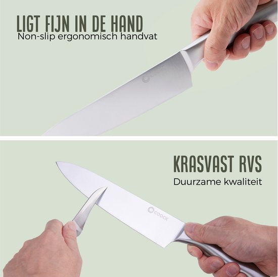 COOCK - Messenset met Blok en Vouwbare Snijplank - Keukenmessen met Schaar en Aanzetstaal (Messenslijper) - 17-Delige Keukengerei set in Messenblok – Met Krasbestendige Coating - Full RVS