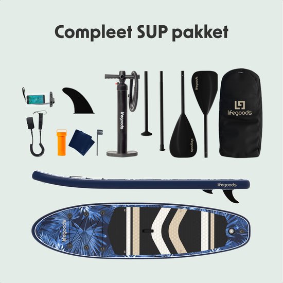 LifeGoods PaddlePro SUP Board - Opblaasbaar Paddle Board - Complete Set - Max. 150KG - 320x81cm - Tropical Blauw