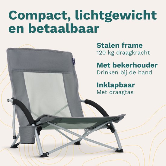 TRVLMORE Strandstoelen - Set van 2 - Inklapbaar en Opvouwbaar - 120KG Draagkracht - Lichtgewicht - Met Draagtas en Bekerhouder - Grijs