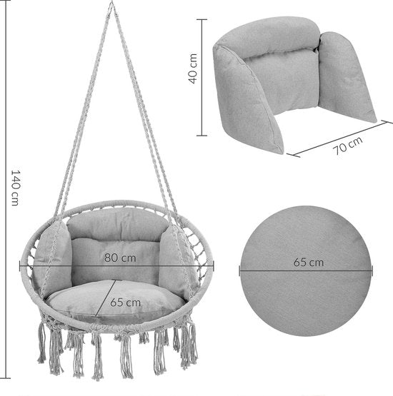 Detex Hangstoel - 2 Kussens Max 150kg 80x60x140cm - Lichtgrijs