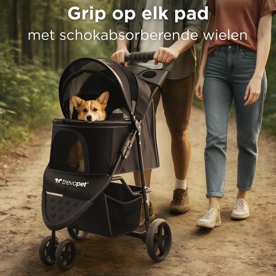TrevoPet® Inklapbare Hondenbuggy - Voor Kleine en Middelgrote Honden tot 15 kg - Waterafstotend met Bekerhouder, Opbergmand - Zwart