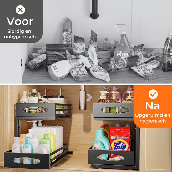 Posity Keukenkast Organizer - Gootsteenkast Organizer - Aanrecht Organizer - Opbergrek - Badkamer Organizer - Keukrenrek - Uitschuifbaar - Metaal - Zwart