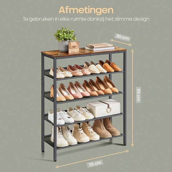 O'DADDY® Schoenenrek - 5 Laags - Schoenen Opbergsysteem - Schoenrek - Schoenenkast - Schoenkast - Industrieel Design - Bruin Hout - Zwart Metaal