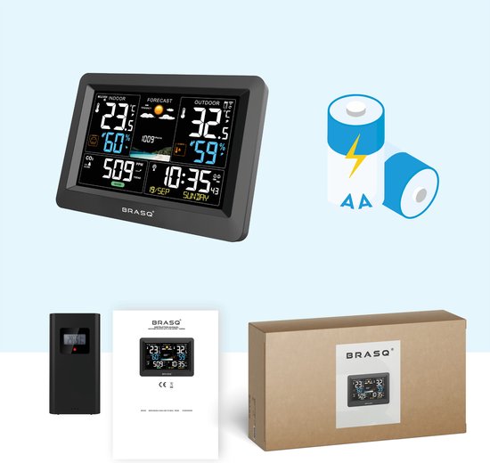 BRASQ Draadloos Weerstation binnen en buiten met CO2 meter - Hygrometer - Met buitensensor tot 60 meter - Luchtvochtigheidsmeter - Thermometer - Barometer - inclusief batterijen