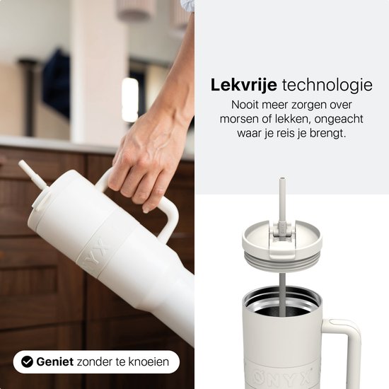 ONYX Drinkfles met Rietje 1 Liter - Waterfles voor Kinderen & Volwassenen - Thermosbeker RVS Travel Mug - Motiverende Drinkbus - Drinkbeker voor School - Coco White