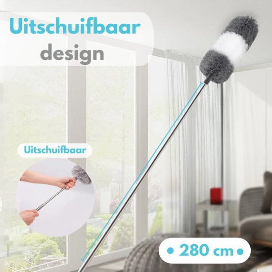 VAIVE Plumeau uitschuifbaar tot 280 cm - Ragebol met Telescoopsteel - Duster - Stoffer - Wasbaar en Draaibaar – 3 Opzetstukken