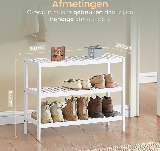 O'DADDY® Schoenenrek - Schoenenbank - Halbank - Schoenenkast - Schoenen Opbergsysteem - Schoenen kast - 3 Laags - Voor 12 Paar - Multifunctioneel Rek - Bamboe - Wit - 70 x 28 x 45 cm