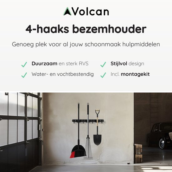 Volcan Bezemhouder - Bezem Ophangsysteem Tuingereedschap - Gereedschapshouder - 3M Tape - 3 Houders 4 Haken - RVS Zwart