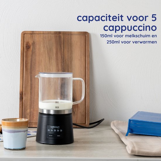 Safecourt Kitchen Glazen Melkopschuimer - Elektrische melkopschuimer - Antikleeflaag - 600 watt - Zwart