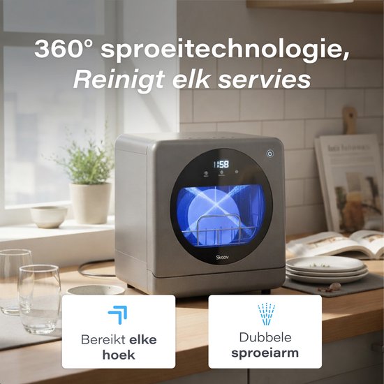 Skoov Mini Vaatwasser met waterreservoir - 5 couverts - 6 wasprogramma's - 45cm - Kleine smalle vrijstaande afwasmachine - Camping - Grijs